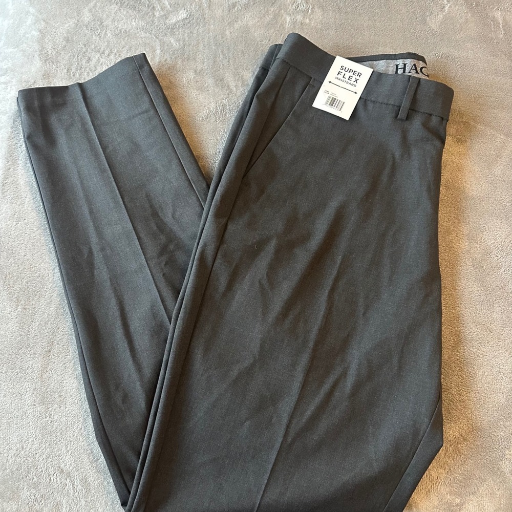 Haggar Mens Premium Flex Dress Pants Dark Gray Slim Straight 36 x 34 New